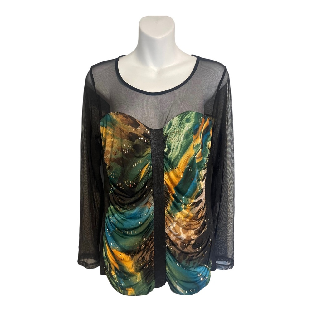 Bali Black Sheer Mesh Long Sleeves Neckline Top Size Medium Art WhimsiGoth 90's